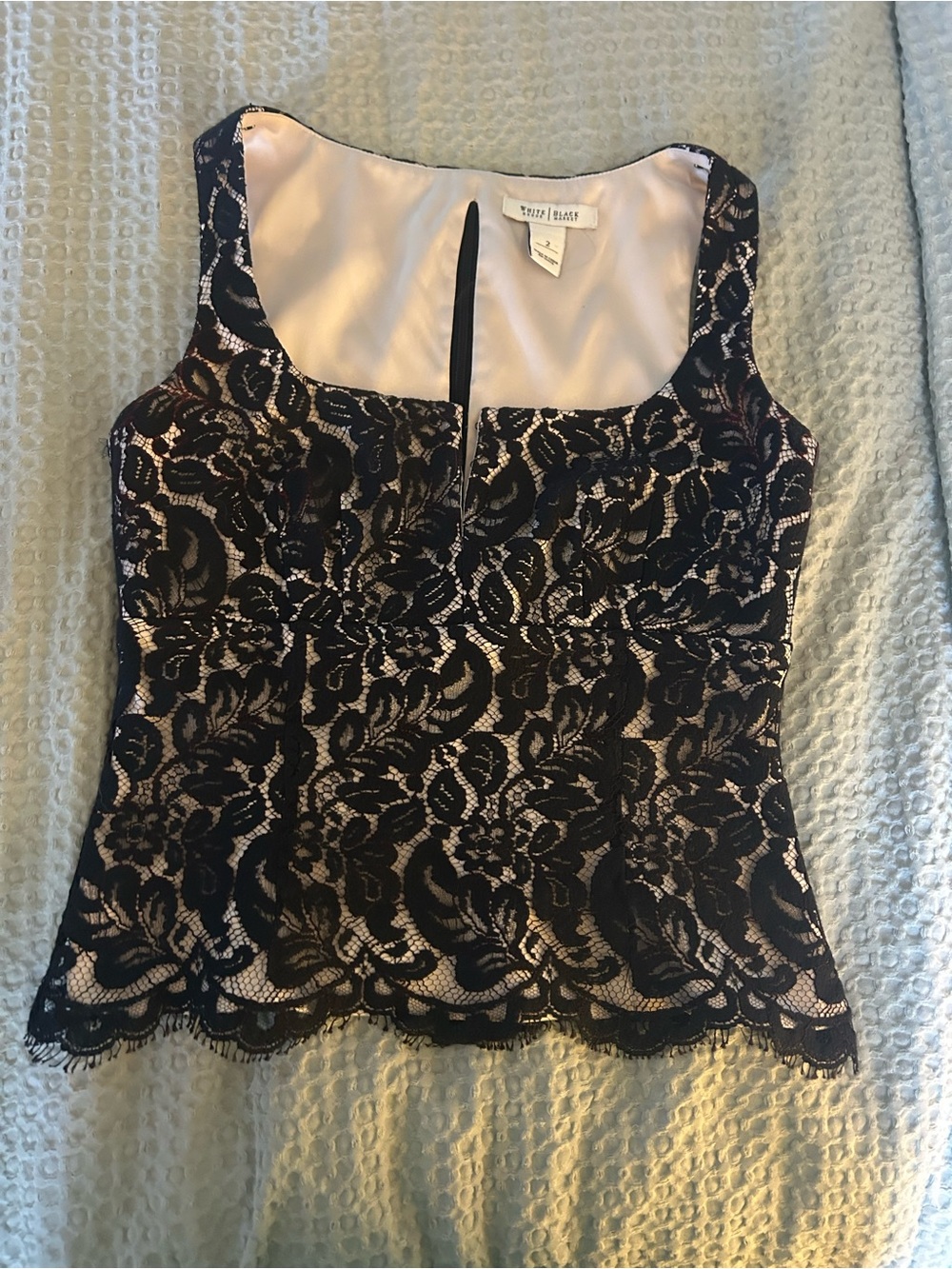 White House Black Market Black Lace Overlay Tank with Nude Lining